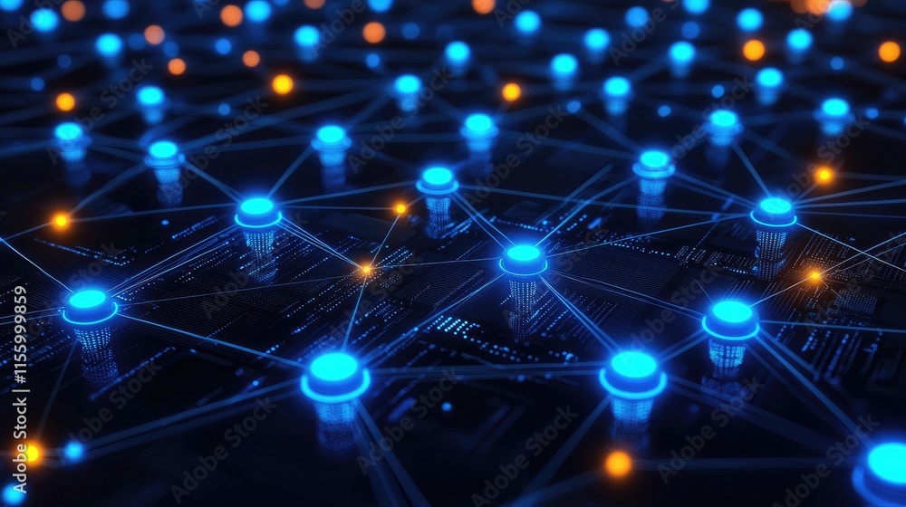 Futuristic Network of Glowing Blue Nodes and Connections on a Dark Background Representing Advanced Technology and Communication Futuristic Network of Glowing Blue Nodes and Connections on a Dark Background Representing Advanced Technology and Communication
