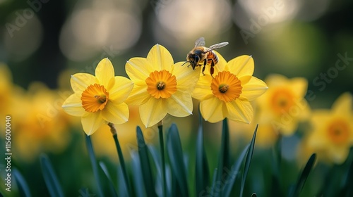 Bee collecting nectar from yellow daffodil flowers in a blooming garden durin...