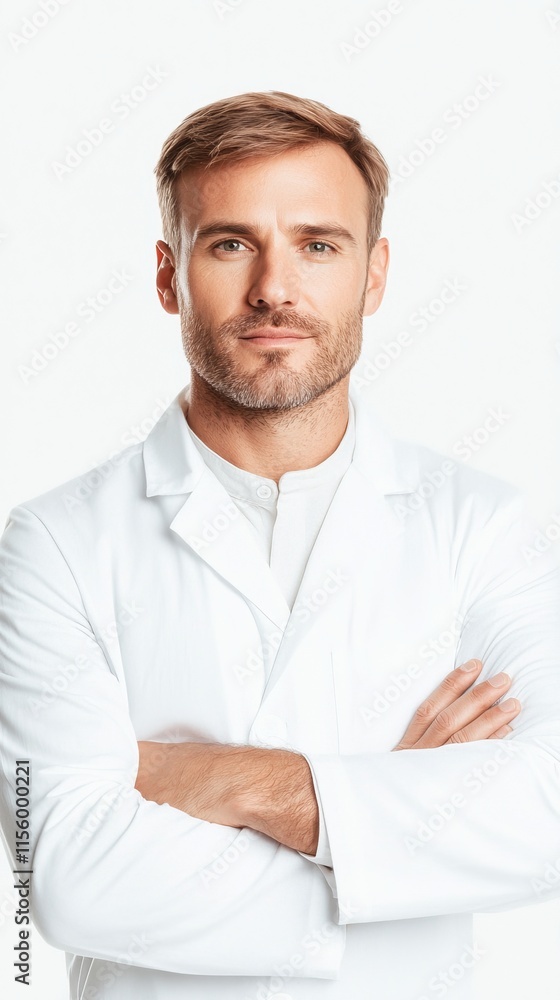 A man in a white lab coat with his arms crossed