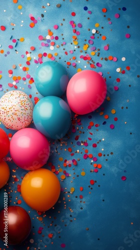 Colorful balloons and confetti create a festive atmosphere for celebration or...