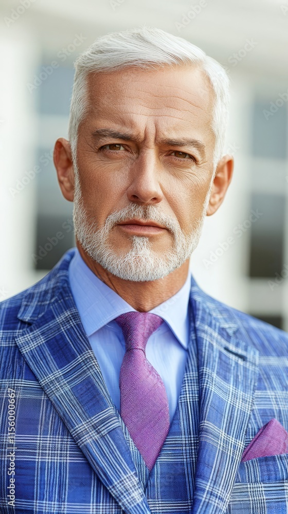 A man in a blue suit with a purple tie A man in a blue suit with a purple tie