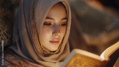 Young woman reading a book while wearing a colorful scarf in a tranquil indoo...
