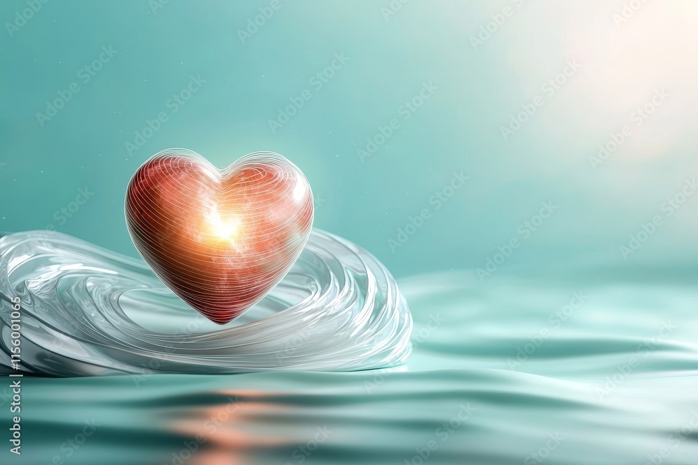 Fototapeta premium Abstract Heart Shape with Fluid Waves and Radiant Light Reflections in Soft Aqua Tones for Romantic and Inspirational Themes in Visual Arts