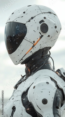 Futuristic robot with illuminated features in urban environment at dusk