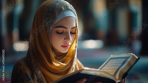 Young woman reading a book while wearing a colorful scarf in a tranquil indoo...
