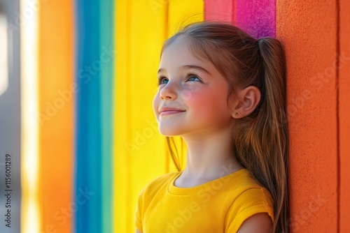 Young girl with ponytail smiling while gazing at colorful wall in bright sunl...