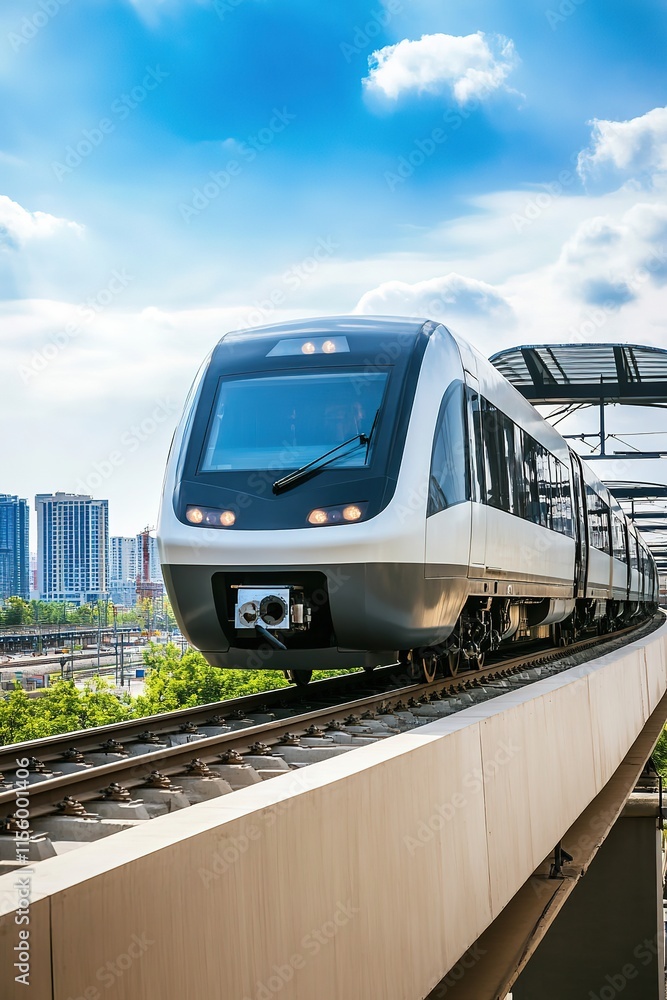 Naklejka premium Sleek train glides smoothly above cityscape under bright blue sk