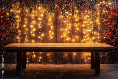 Romantic outdoor dining setup with string lights and a potted plant in the ev...