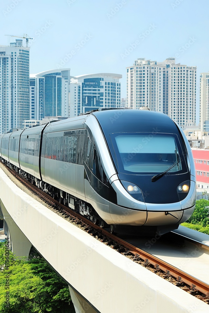 Naklejka premium Sleek modern train gliding above urban skyline, showcasing advan