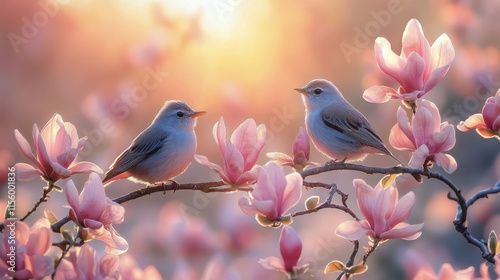 Two small birds perched on a branch surrounded by blooming magnolia flowers