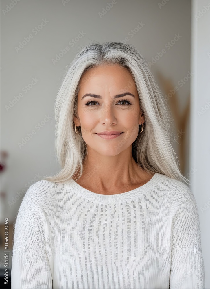 Fototapeta premium A woman with grey hair wearing a white sweater