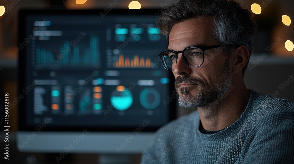 Man in glasses working with data on a monitor displaying graphs and charts in a dimly lit office. Man in glasses working with data on a monitor displaying graphs and charts in a dimly lit office.
