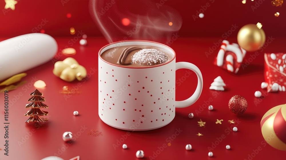 Cozy Hot Chocolate Mug with Marshmallow on a Festive Red Background Cozy Hot Chocolate Mug with Marshmallow on a Festive Red Background