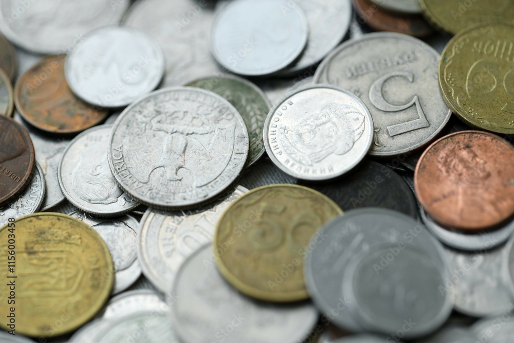 Big pile of different coins from various currencies and different countries around the world. Currency exchange Big pile of different coins from various currencies and different countries around the world. Currency exchange