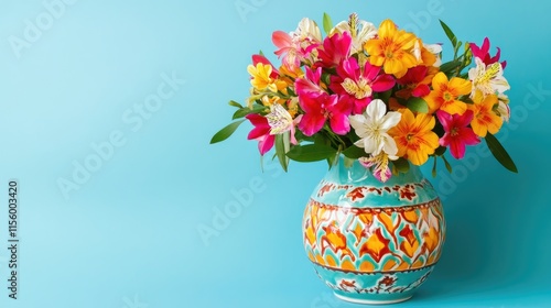 Wallpaper Mural Colorful Floral Bouquet in Decorative Vase Against Blue Background Torontodigital.ca