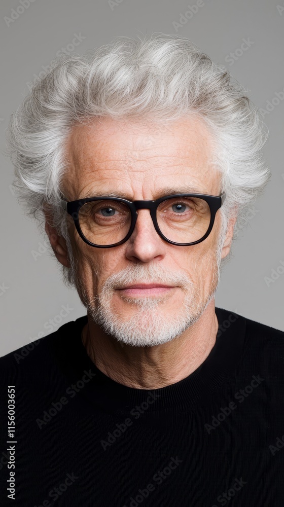 A man with white hair and glasses looking at the camera A man with white hair and glasses looking at the camera