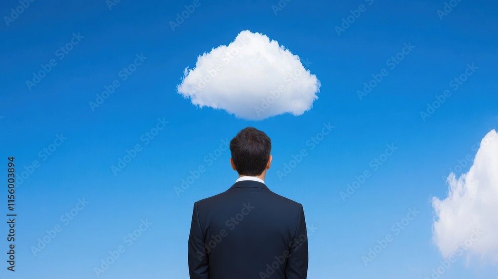 Man in formal suit looking at a single white cloud in a blue sky