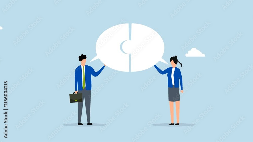 Business communication skills, 4k animation of business people connect speech bubble jigsaw puzzle. Business communication skills, 4k animation of business people connect speech bubble jigsaw puzzle.