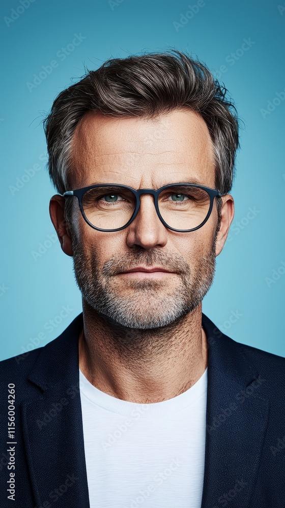 A man wearing a suit and glasses looking at the camera A man wearing a suit and glasses looking at the camera