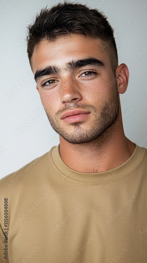 Fototapeta premium A young man with a beard wearing a tan shirt