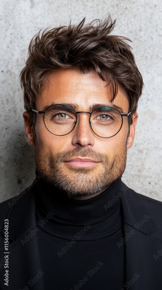 A man wearing glasses and a black turtle neck sweater
