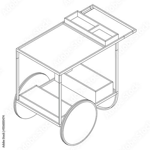 Food Trolley Tray on Cart. Vector Illustration Isolated on White Background. Perfect for Restaurant Menus, Catering Services, Hotel Brochures, and Kitchenware Branding.