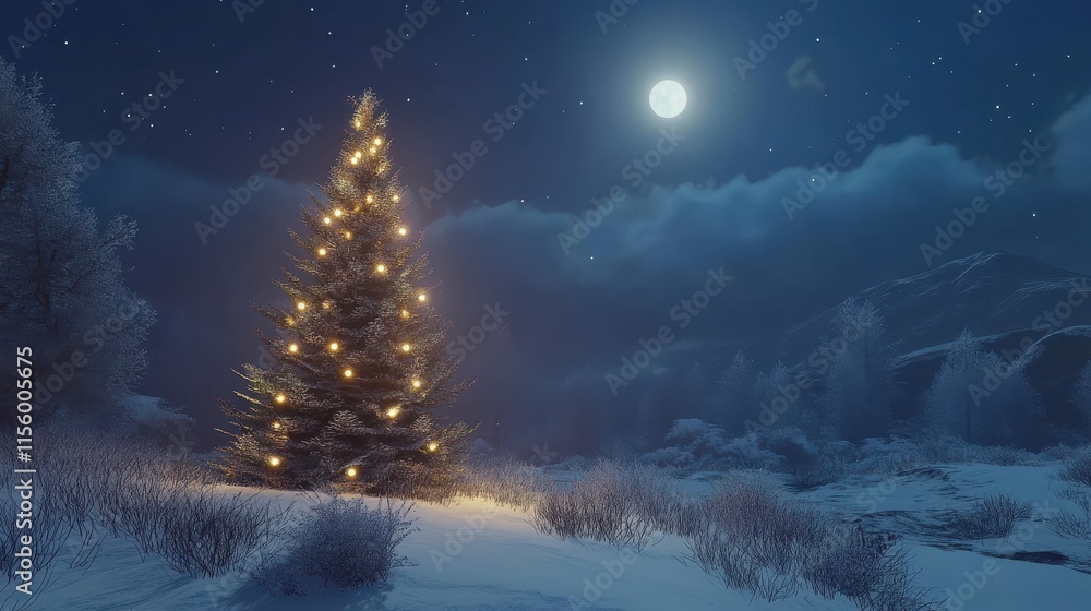 Fototapeta premium Christmas tree with lights in a snowy winter landscape at night