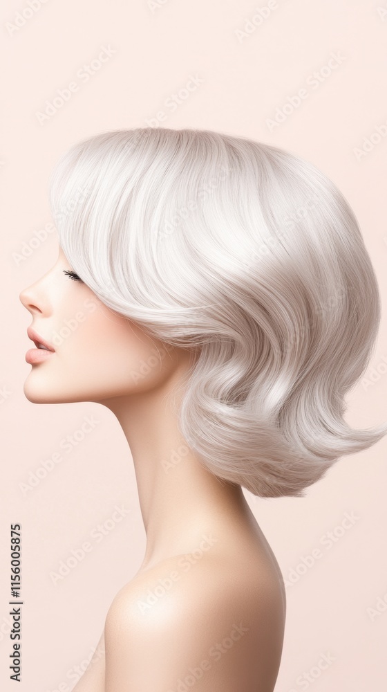 Profile view of a woman with platinum blonde wavy hair against a beige background. Profile view of a woman with platinum blonde wavy hair against a beige background.