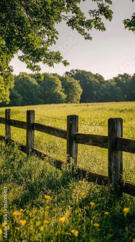 Serene countryside landscape with wooden fence and lush green field at sunset...