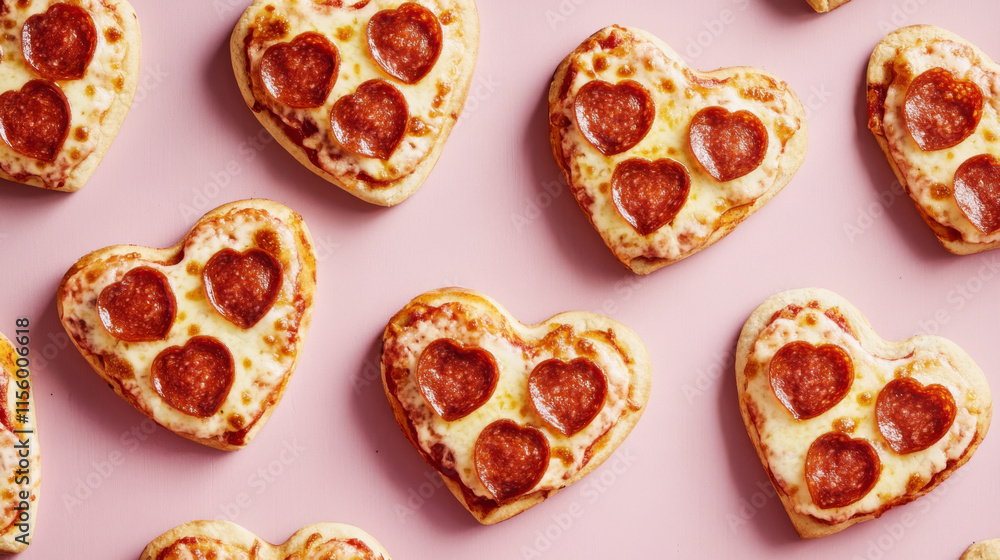 Pattern of delicious heart-shaped mini pizzas with pepperoni forming a beautiful design over a pink background, creating a perfect culinary symbol of love for valentine's day celebration Pattern of delicious heart-shaped mini pizzas with pepperoni forming a beautiful design over a pink background, creating a perfect culinary symbol of love for valentine's day celebration