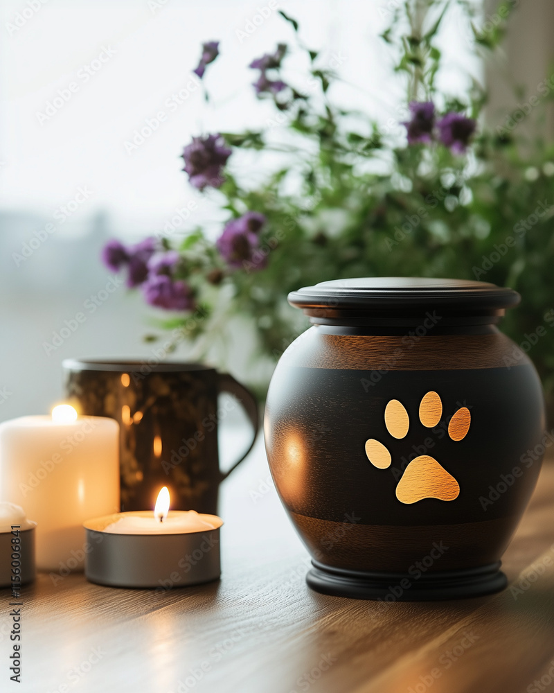 Pet urn with paw print, candles, and flowers on a table Pet urn with paw print, candles, and flowers on a table