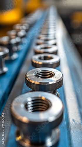 Close-up view of metal bolts aligned on precision machinery in a workshop set...