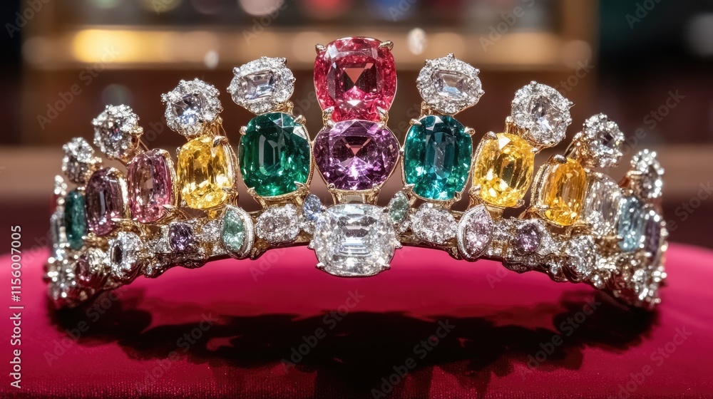 Elegant Tiara with Colorful Gems and Sparkling Diamonds Displayed Elegant Tiara with Colorful Gems and Sparkling Diamonds Displayed