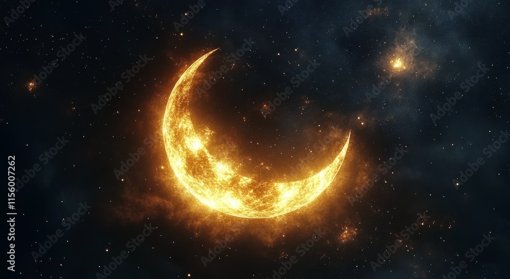 Bright crescent moon against a starry night sky with glowing solar features Bright crescent moon against a starry night sky with glowing solar features