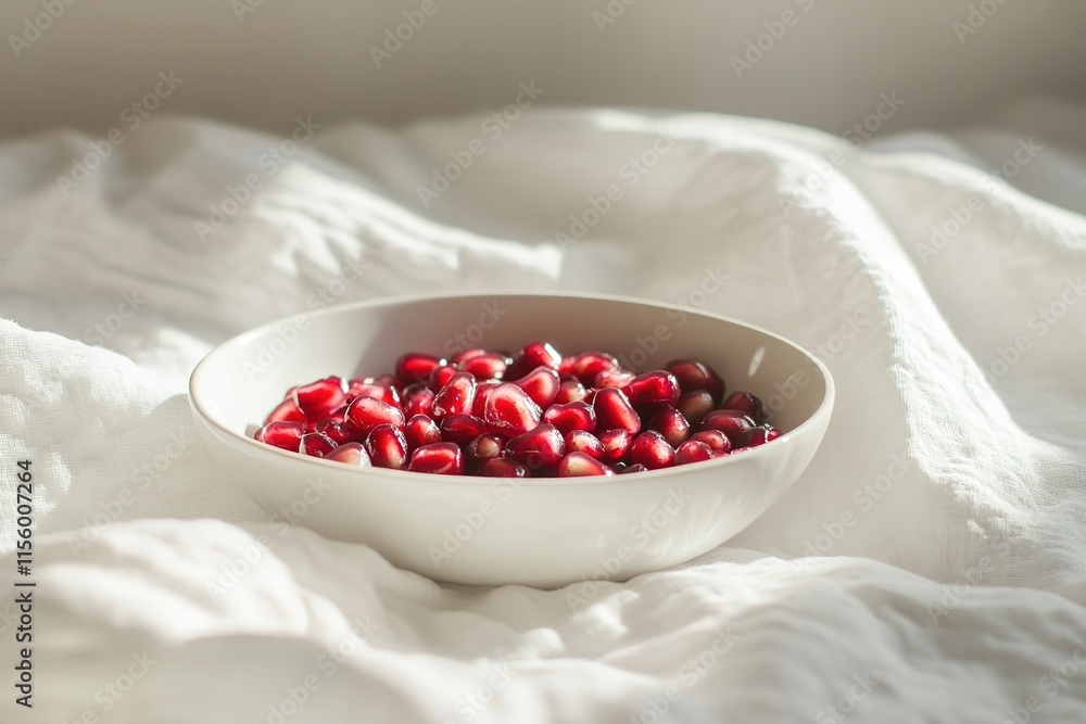 Bright red pomegranate seeds in white bowl create fresh, invitin Bright red pomegranate seeds in white bowl create fresh, invitin