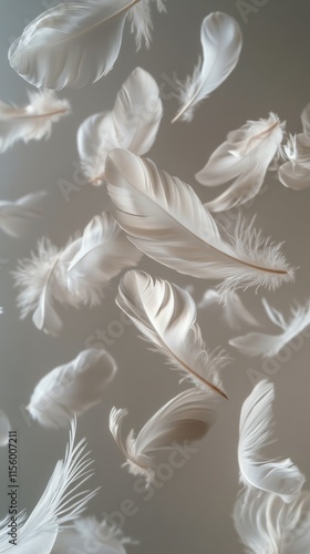 Delicate white feathers gently drifting against a soft gray background showca...