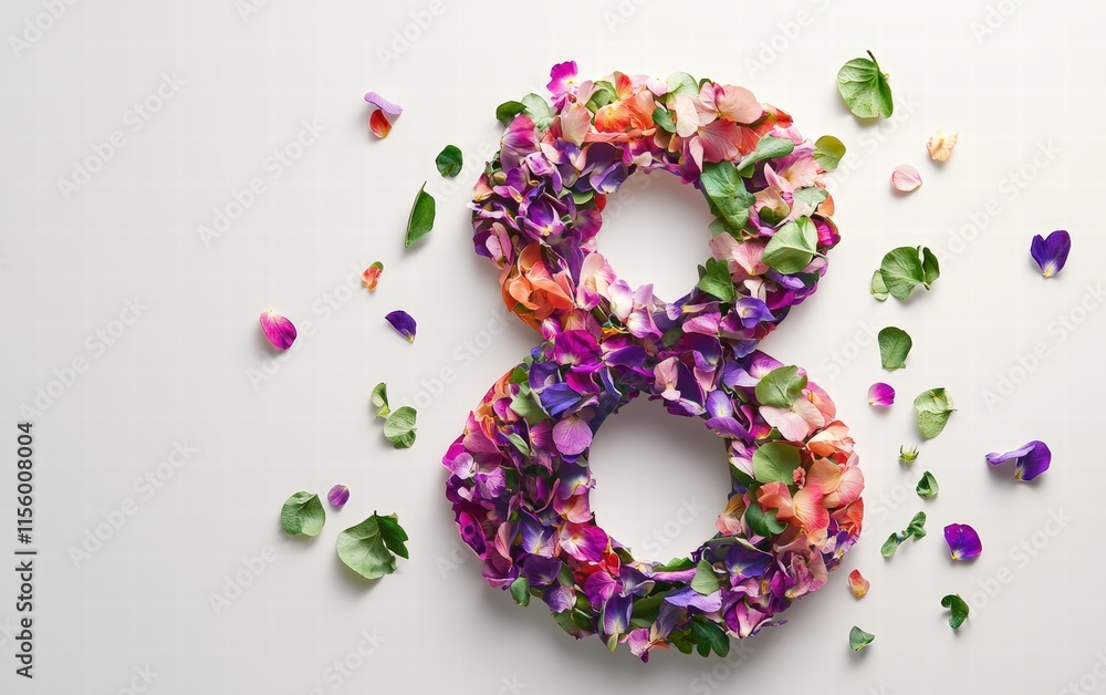 A lively number 8 made of colorful petals and greenery on a minimal white background with soft 8 March text A lively number 8 made of colorful petals and greenery on a minimal white background with soft 8 March text