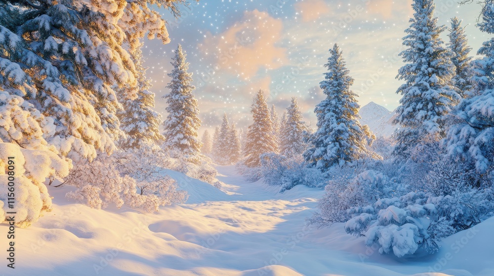 Fototapeta premium Snowfall in winter forest.Beautiful landscape with snow covered fir trees and snowdrifts.Merry Christmas and happy New Year greeting background with copy-space.Winter fairytale.