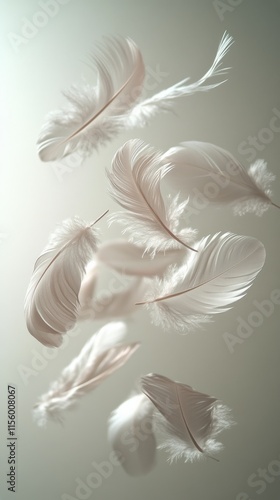 Delicate white feathers gently drifting against a soft gray background showca...