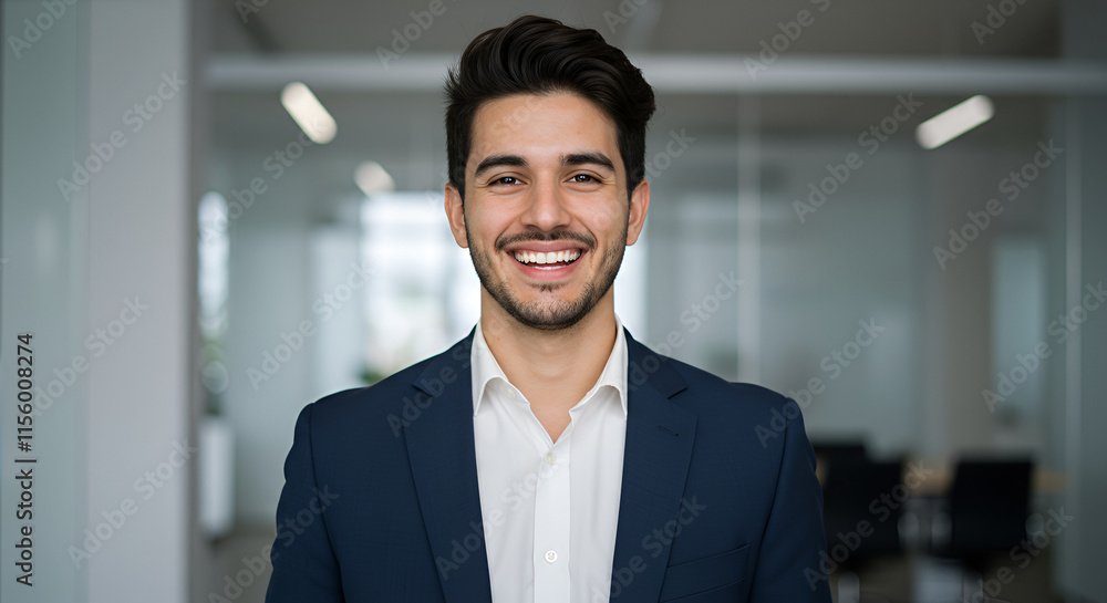 Headshot close up face portrait of young happy smiling Hispanic businessman, male company worker or corporate manager, confident business man entrepreneur looking at camera at work in office. Headshot close up face portrait of young happy smiling Hispanic businessman, male company worker or corporate manager, confident business man entrepreneur looking at camera at work in office.