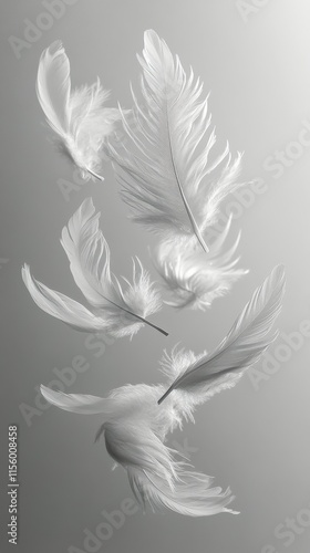 Delicate white feathers gently drifting against a soft gray background showca...