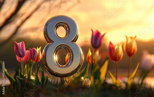 Wallpaper Mural A polished silver 3D number 8 with bright tulips placed around it, against a warm, blurred sunset sky backdrop Torontodigital.ca