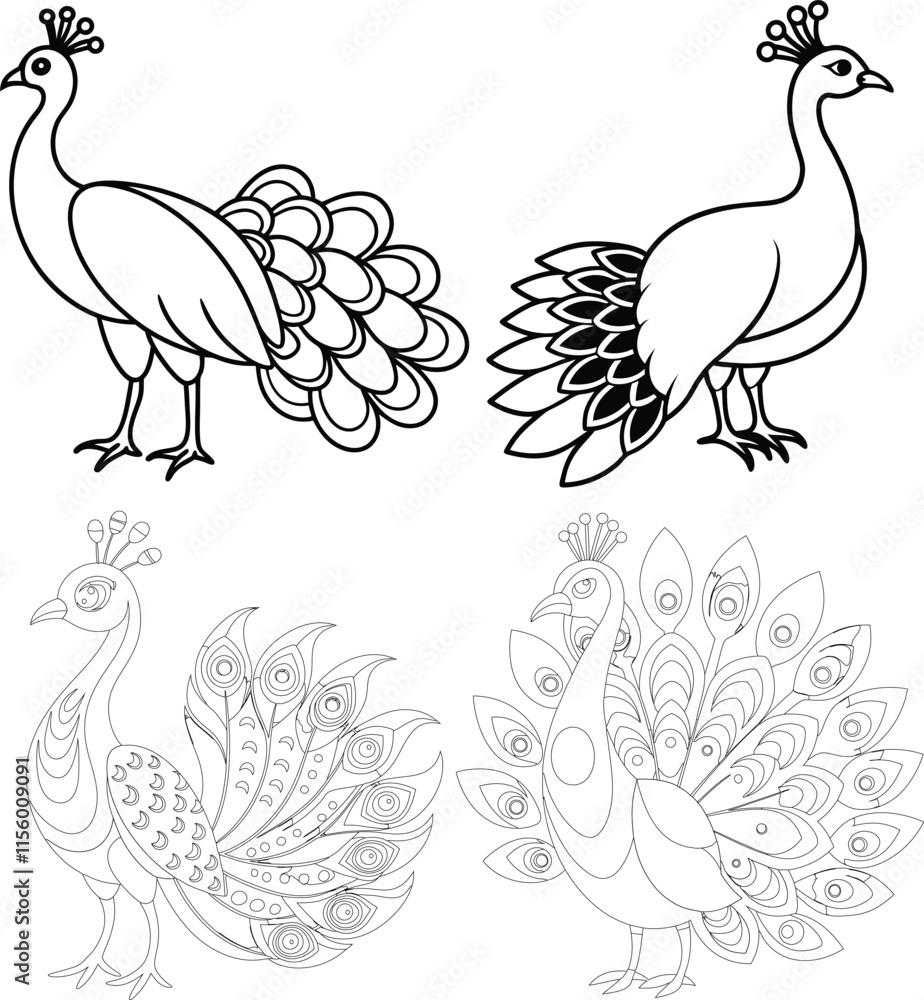 Fototapeta premium Turkey bird silhouette in black. Set of turkeys silhouette isolated for Thanksgiving Day. illustration of a peacock