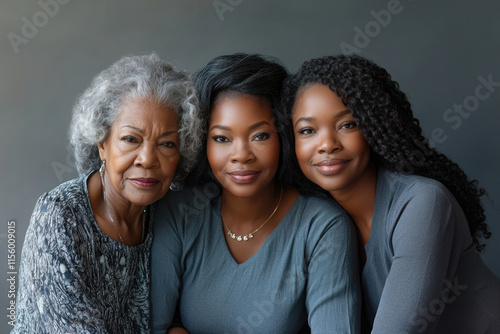 Three generations of Black women embrace  showcasing strength  beauty  and family bonds.
