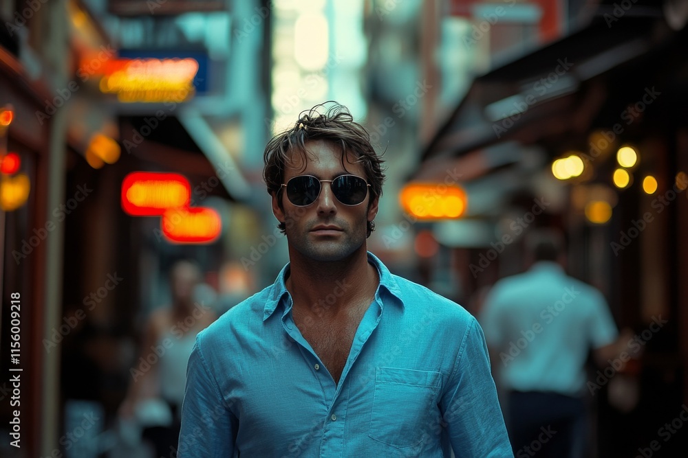Young man stands confidently on urban street in afternoon sunlight Young man stands confidently on urban street in afternoon sunlight