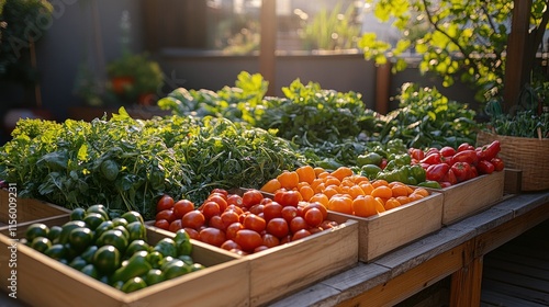 Freshly harvested vegetables displayed in wooden crates at a garden during go...