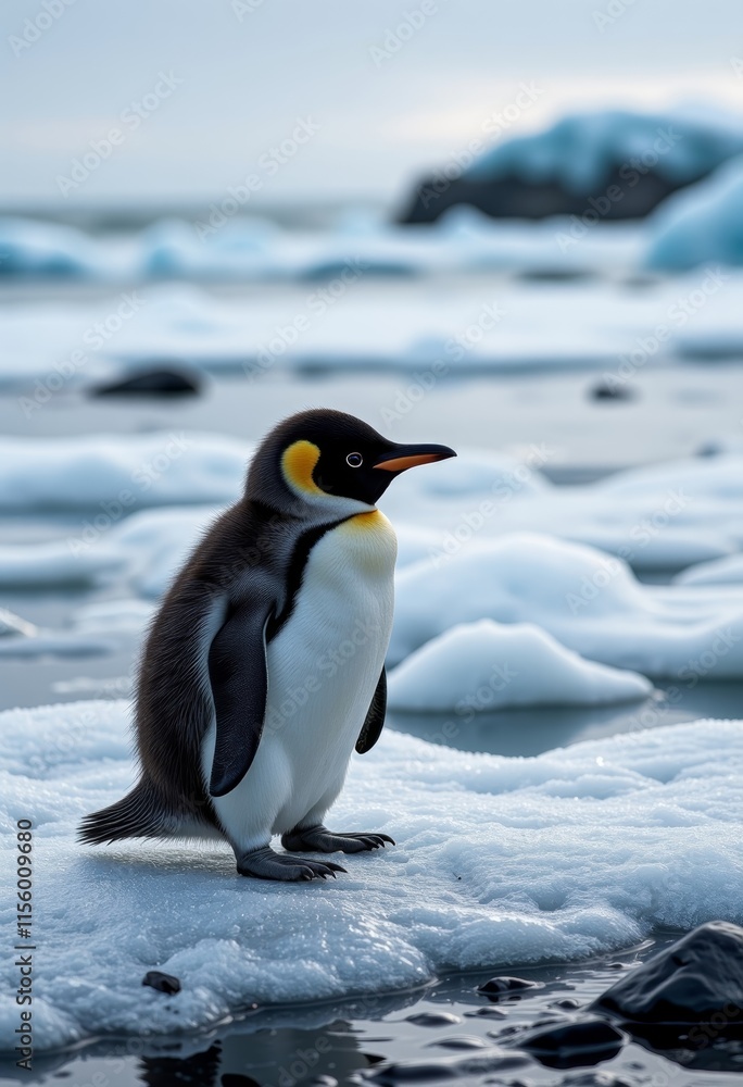 Obraz premium Penguin Chick Waddling on Icy Coast, Vaporwave Style, Copy Space for Text for printing on a T-shirt