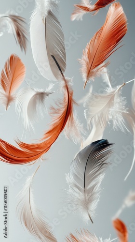Colorful feathers in various shades scattered on a light background