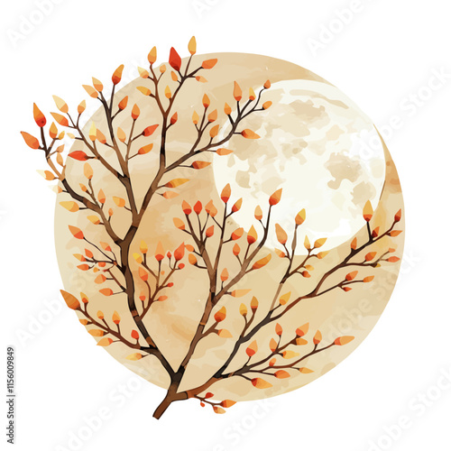 A watercolor drawing of a full moon shining through autumn branches, isolated on a white background. Autumn branches vector.
