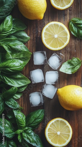 Fresh lemons and mint leaves arranged with ice on a rustic surface